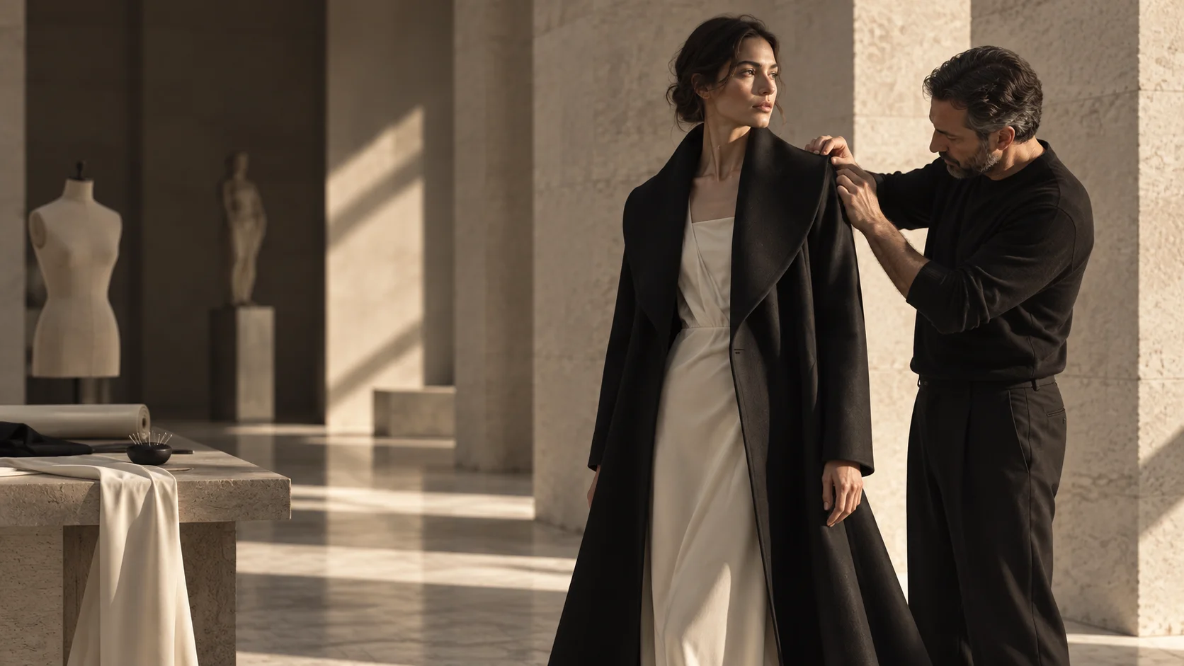A stylist adjusts the shoulder of a black coat on a model in a sunlit atelier.