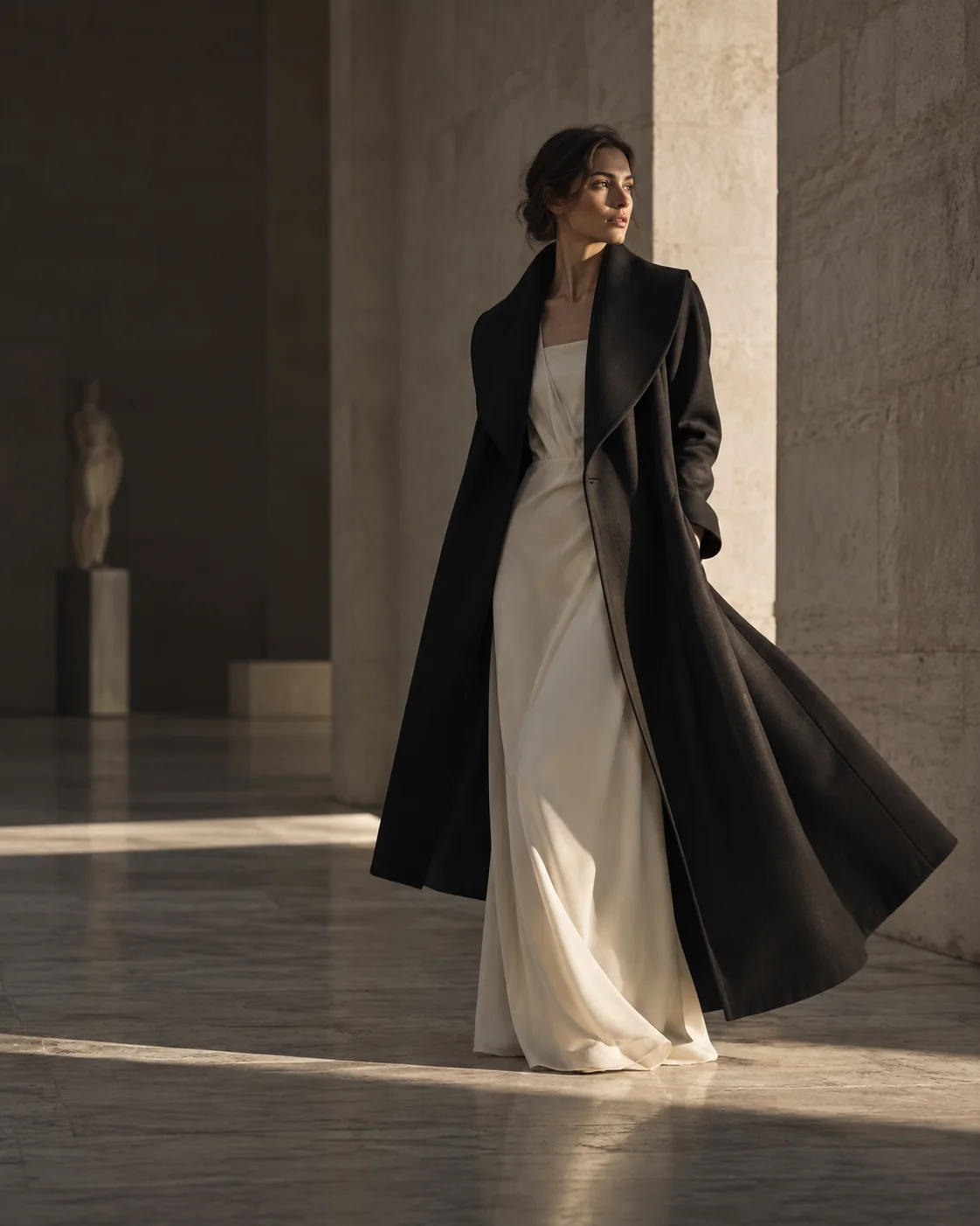 A woman in a long black coat over an ivory dress, standing in a limestone gallery.