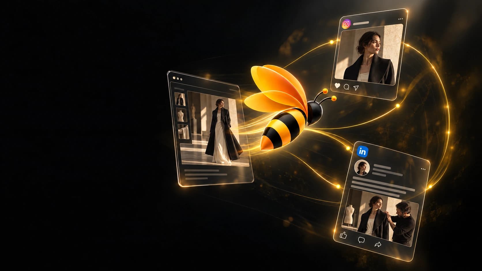 A bee connecting MIREN STUDIO fashion posts for Instagram and LinkedIn.