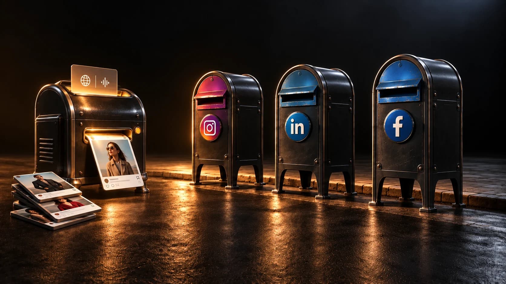 Brand Voice compositor beside Instagram, LinkedIn and Facebook publishing postboxes.